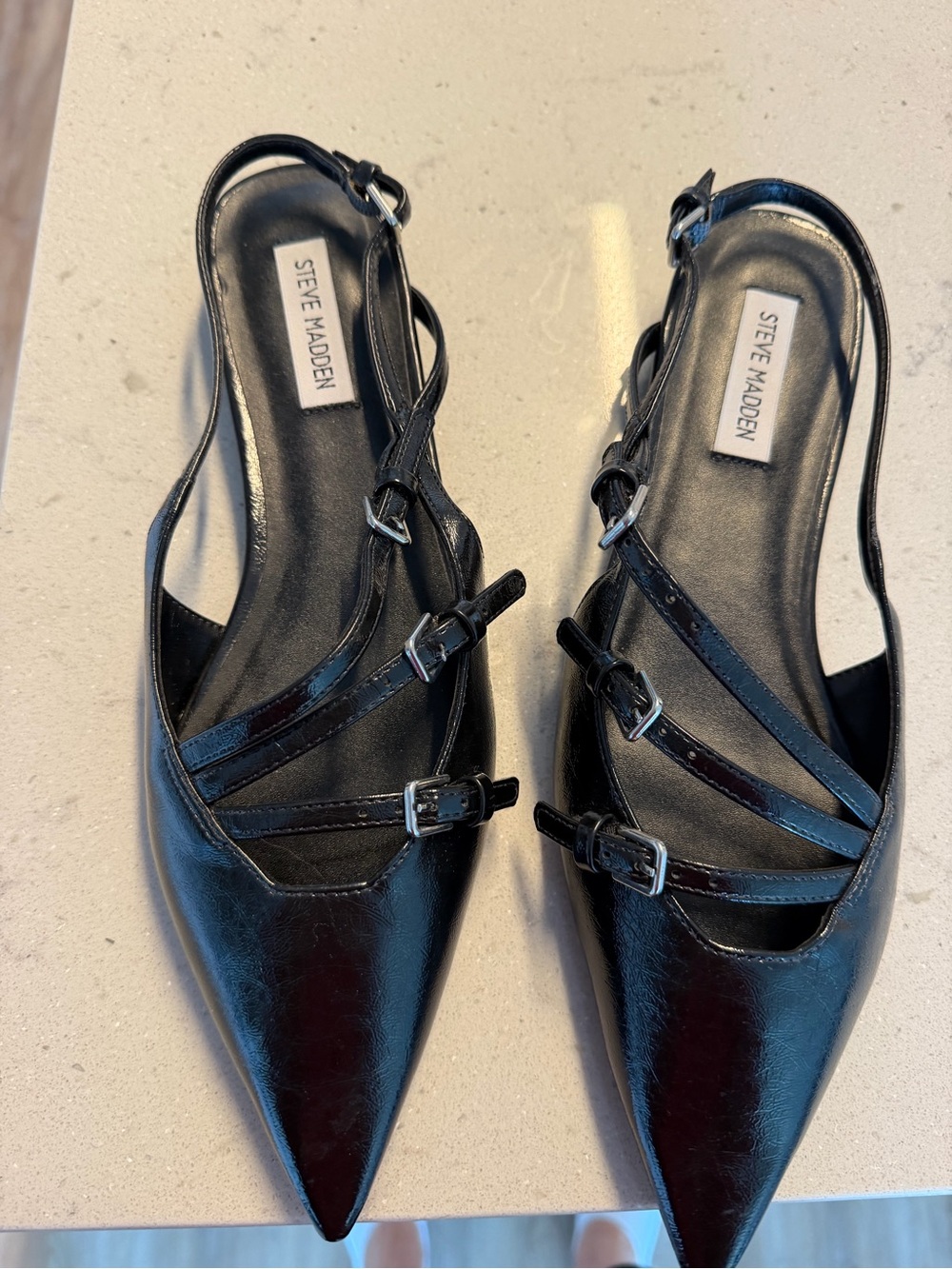 Steve Madden Black Pointed Slingback Mules with Buckle Straps